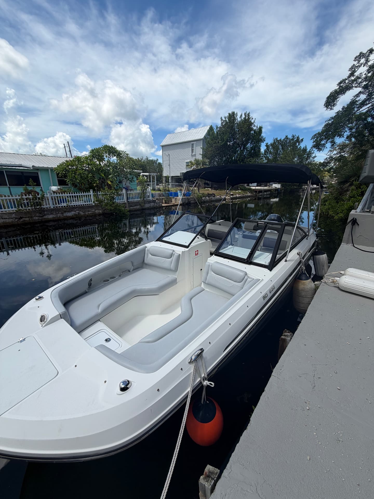 View from the bow toward the stern under the bimini top
