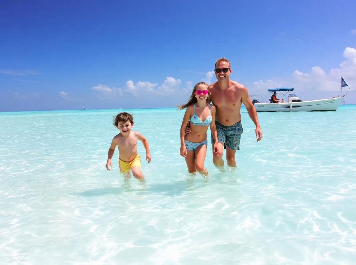 Family enjoying clear shallow water on a Lower Keys sandbar